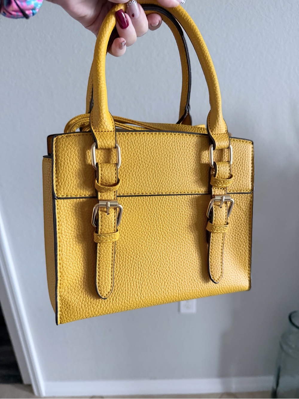 Structured Pebbled faux Leather Satchel - deep Yellow with crossbody strap EUC